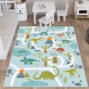 Dinosaurier Welt Kinderteppiche, rutschfester Kinderzimmer Teppich, Krabbelteppich im Land der Dinosaurier, Jurassic Krabbeldecke, Spielzimmer Matte