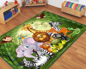 Animal World Kids Rugs, Non-Slip Kids Room Rug, Forest Kids Rug, Jurassic Playmat, Trex Crawling Rug, Playroom Mat, Green Rug, Leon Kids Rug