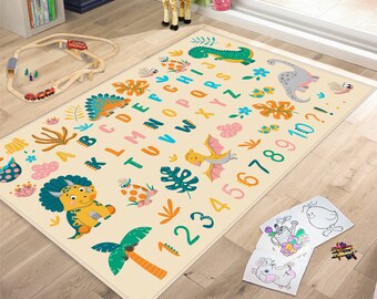 Letter Carpet, Number Kids Rug, Dinosaur Figure Educational Rug, Kids Room Carpets, ABC Kids Room Rug, Alphabet Play Mat, Name Printable Rug