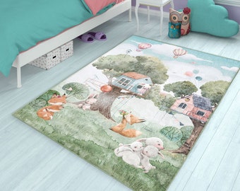 Lapin mignon, tapis pour chambre d'enfant, renard, tapis de chambre d'enfant monde animal, arbre rampant, tapis de jeu pour voiture, cadeau pour enfant, tapis pour bébé