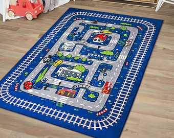 Tappeto per bambini blu, tappeto da gioco per treni, tappeto per camera per bambini con carrello, tappeti per bambini da gioco, tappeto per bambini blu, tappetino per gattonare, tappeti regalo, TrolleyCarpet