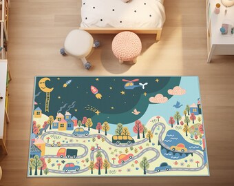 Road Patterned Kids Rugs, City Road Design Kids Room Carpet, Car Road Play Mat, Children's Play Mat, Road Playroom Carpet