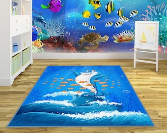 Joli tapis poissons, tapis pour chambre de bébé, décoration requin, tapis de jeu pour chambre d'enfant, tapis enfants marins, tapis enfants monde marin, tapis bébé requins océan, tapis enfant personnalisé mer