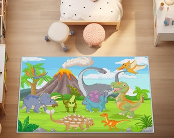 Dinosaur World Kids Rugs, Kids Room Carpets, Land Of Dinosaur Rug, Jurassic Playmat, Trex Crawling Carpet, Playroom Mats, Cute Dino Carpets