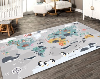 Tapis gris pour enfants, tapis de jeu carte du monde, tapis pour chambre de bébé, tapis monde animal pour enfants, tapis gris pour chambre d'enfants, tapis d'activité antidérapant, tapis rampant, cadeau