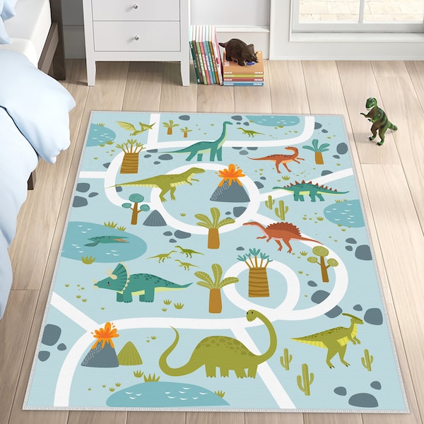 Dinosaurier Welt Kinderteppiche, rutschfester Kinderzimmer Teppich, Krabbelteppich im Land der Dinosaurier, Jurassic Krabbeldecke, Spielzimmer Matte