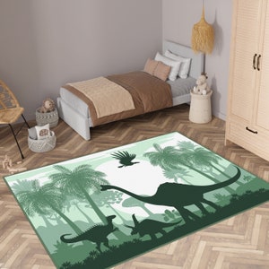 Green Dino Kids Rug,Dinosaurs Themed Kid's Room Rug,Forest Road Nursery Play Mat,Green Kids Carpet,Handmade Kids Rug,Best Jurassic Kids Rugs