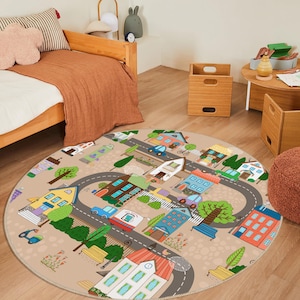 Tapis rond de salle de jeux pour enfants, dessin animé coloré, carte routière de la ville, tapis pour enfants, tapis pour tout-petits, tapis de sol doux pour chambre de bébé, chambre de garçons et filles, tapis de bébé