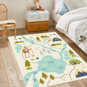 Mountain Road Map Area Rug,Green Woodland Rectangle Carpet,Naturel Activity Playmat,Forest Nursery Rug,Mountain Kids Rug,Road Kids Room Rugs
