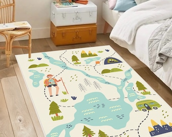 Mountain Road Map Area Rug,Green Woodland Rectangle Carpet,Naturel Activity Playmat,Forest Nursery Rug,Mountain Kids Rug,Road Kids Room Rugs