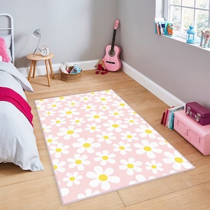 Gänseblümchen-Teppich, Blütenteppich, Blumenteppich, botanische Blumen-Spielzimmermatte, Kinder-Gänseblümchen-Teppich, rosa Kinderteppich, Spielteppich, weicher Babyteppich, Kinderteppich, Geschenk