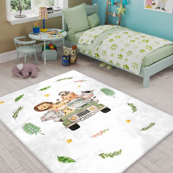 Tapis Safari pour chambre d'enfants, Décoration de chambre d'enfants Safari, Tapis pour enfants, Tapis pour chambre de garçons, Tapis pour chambre d'enfants dans la jungle, Tapis pour enfants de zoo, Tapis pour enfants animaux de safari