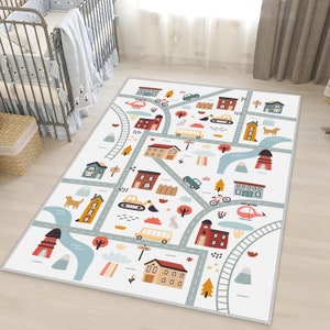 Kinder Stadt Karte Teppich, Stadt Straße Kinderfreundlich Teppich, Verkehrs Auto Straßenkarte Teppich, Bodenmatte für Kinderzimmer, Kinderzimmer Dekor, Kinderzimmer Teppich