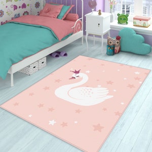 Kinderteppich mit Schwan, Rosa Kinderzimmerteppich, Krabbeldecke für Mädchen, Rosa Krabbelteppich, Babyteppich, Kinderzimmerteppich
