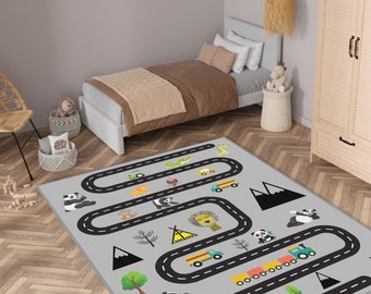 Gray Road Patterned Kids Rug,Animals Kids Room Rug,Mountain Play Mat,Crawling Mat,Gray Baby Rug,Car Nursery Rug,Lion Kids Rug,Panda Kids Rug