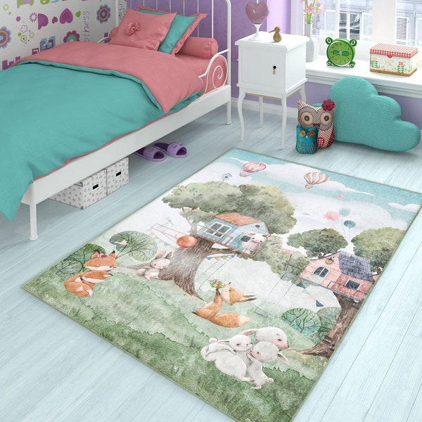 Cute Rabbit Kids Carpets, Fox Kids Room Play Mat, Animal World Kids Room Rug, Tree Crawling Mat, Car Play Mat, Gift for Child, Baby Rugs