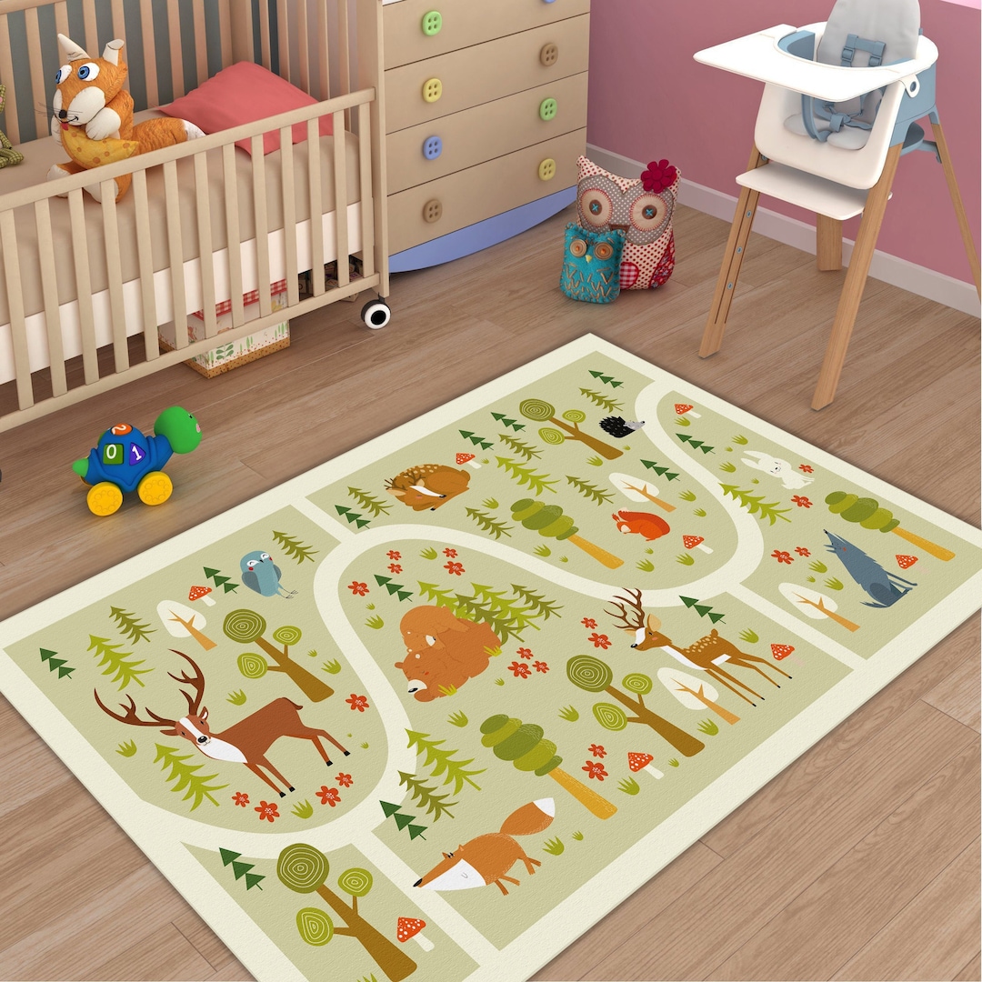 Animals Royalty Kids Room Rug, Forest Play Mat for Kids Room, Hedgehog ...