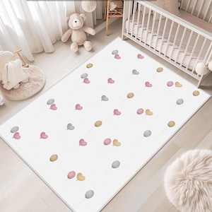 Pink Heart Kids Rug, Kids Room Carpets, Cute Balloon Patterned Kids Rug, Kindergarten Rug, Pink Baby Teppich, Heart Patterned Baby Room Rugs