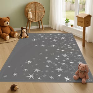 Gray Kids Carpet, Starry Kids Rug, Starry Non-Slip Kids Carpet, Playroom Mat, Gray Carpet for Baby, Crawling Mat, Soft Stars Design Kids Rug