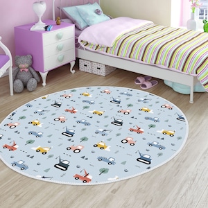 Baumaschinen Kinderteppich, Traktor Kinderteppich, Geschöpftes Auto Kinderteppich, Blaue Kinderspielmatte, personalisierter Geschenk-Kinderteppich, Blauer Babyteppich