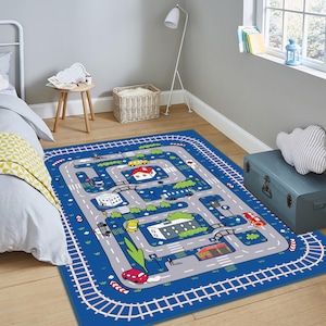 Blauer Kinderteppich, Zug Schiene Spielteppich, Kinderzimmer Teppich mit Trolley, Kinderteppich zum Spielen, Blauer Babyteppich, Krabbeldecke, Geschenkteppich