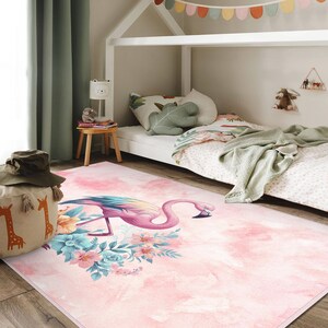 Exotic Bird Rug, Animal Print Girls Room Rug, Pink Floral Desing Rug, Flamingo Desing Kids Room Carpet, Floral Design Carpet, Bedroom Carpet