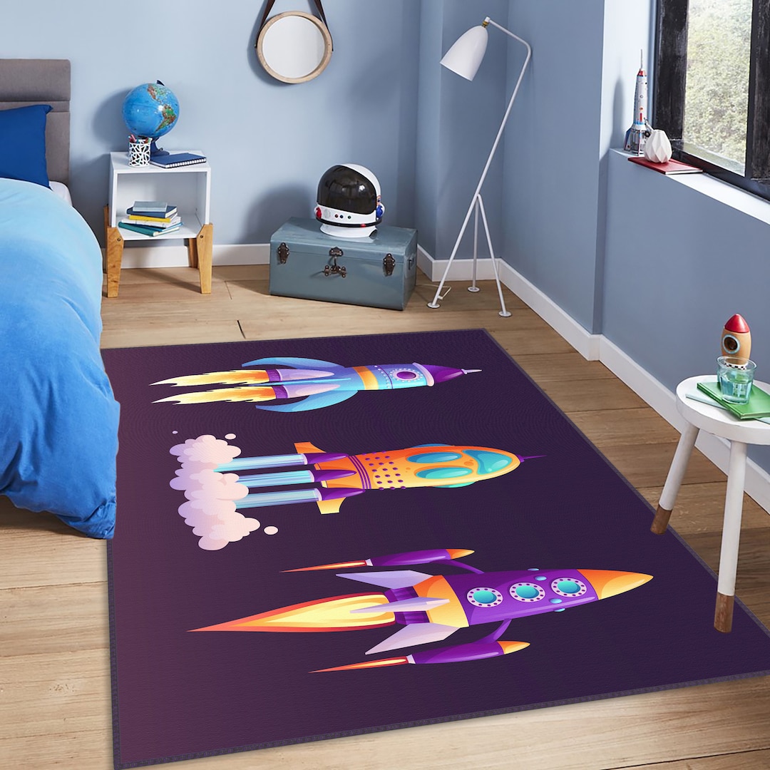 Colorful Rocket Ship Kids Rug for Boys Room or Nursery Decor, Outer ...