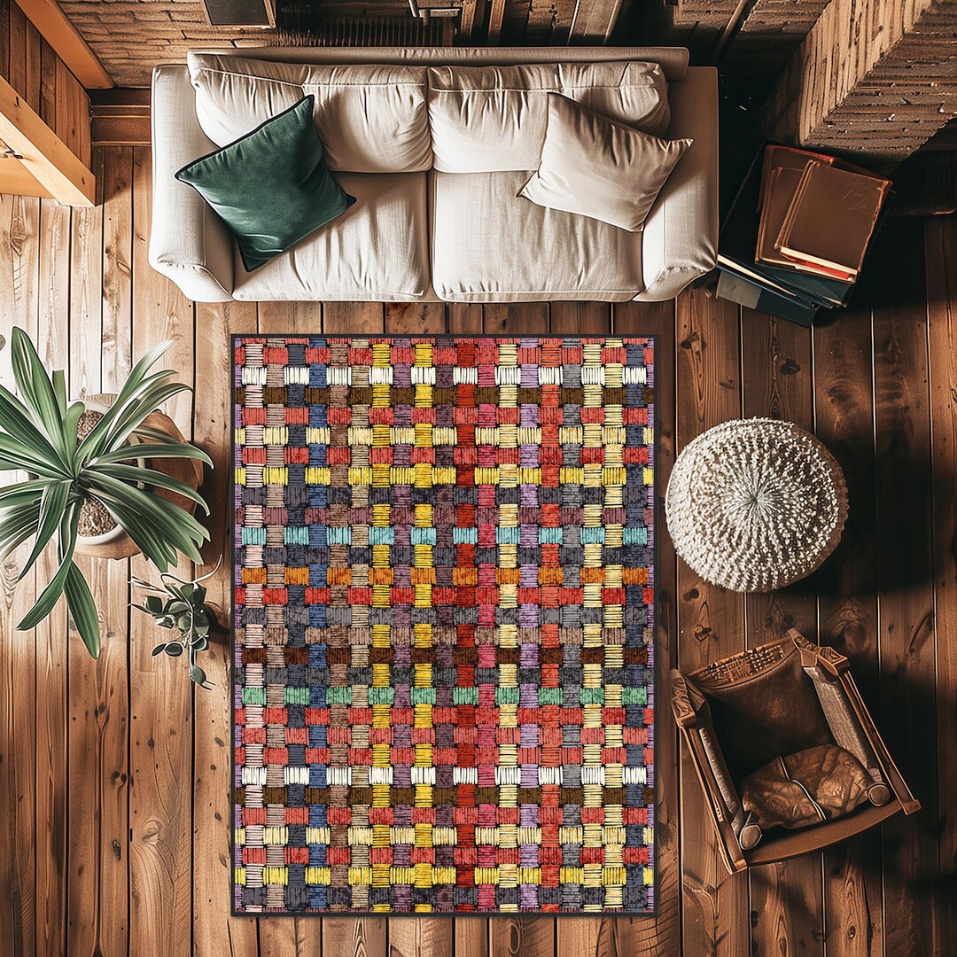 Vibrant Colorful Checker Stripes Area Rug, Modern Rainbow Geometric Mat ...