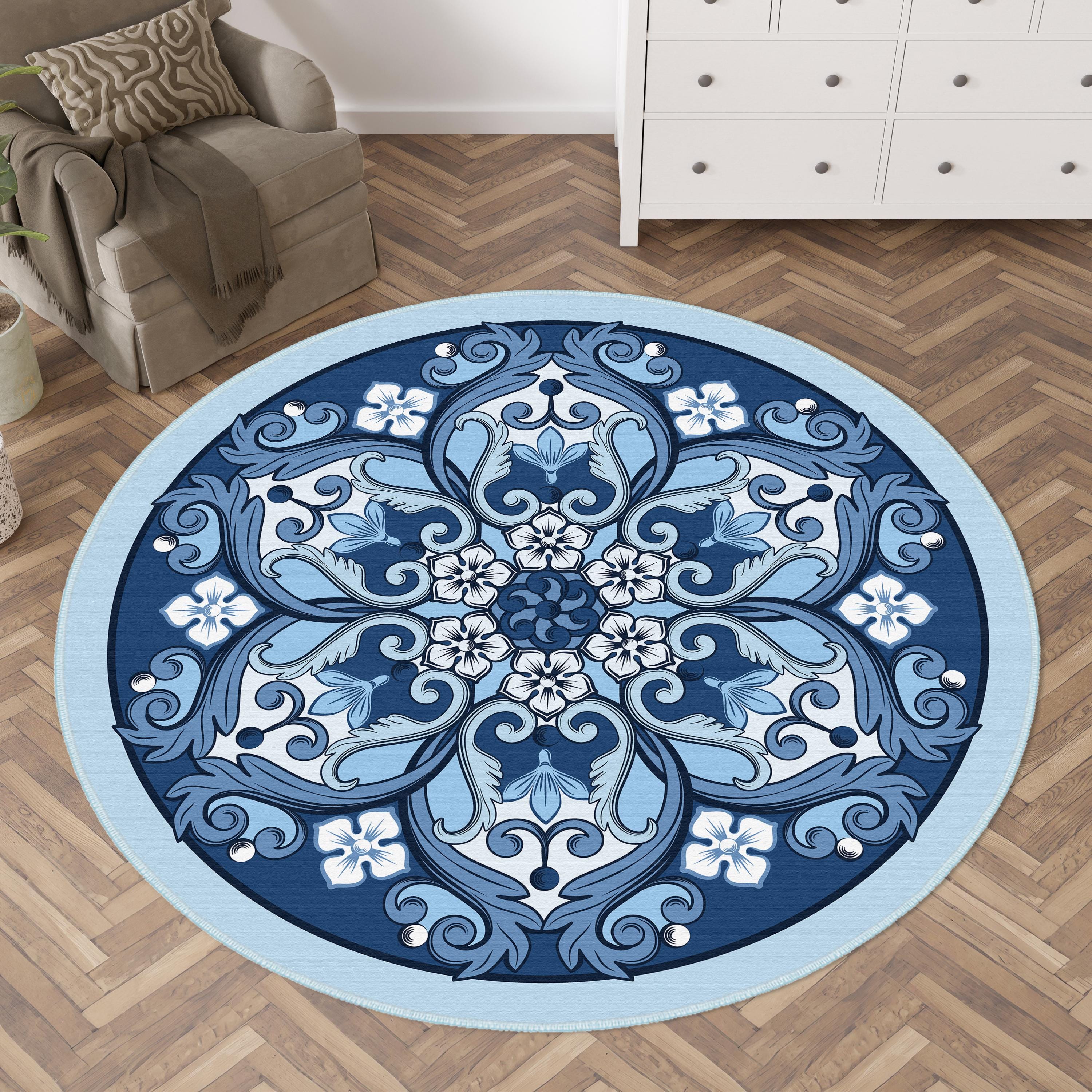 Mandala Circle Rug, Blue Mandala Pattern Round Carpet, Rug for Living ...