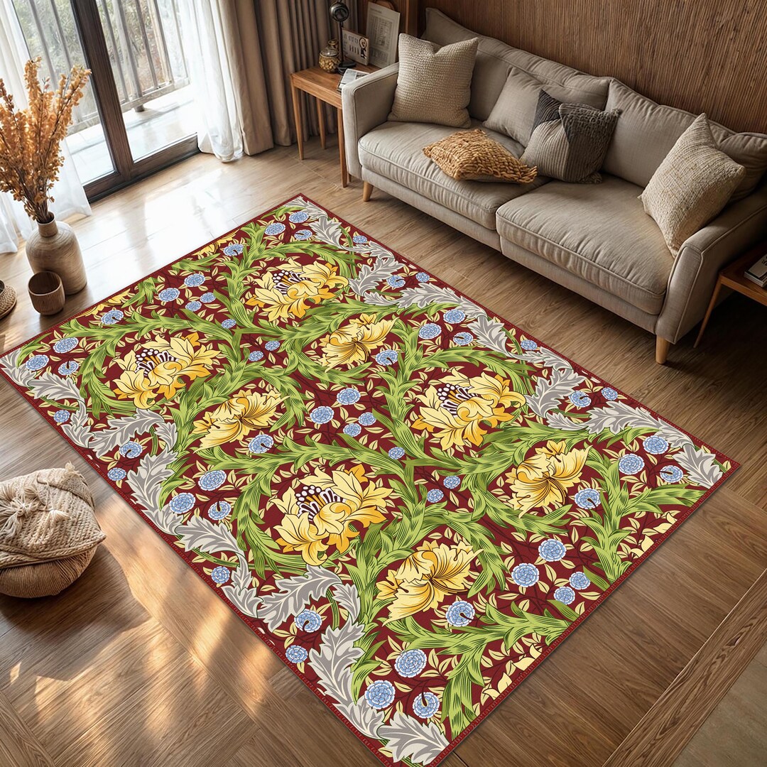 William Morris Artsy Scetch Area Rug, Victorian Floral Rug, Green Leaf ...