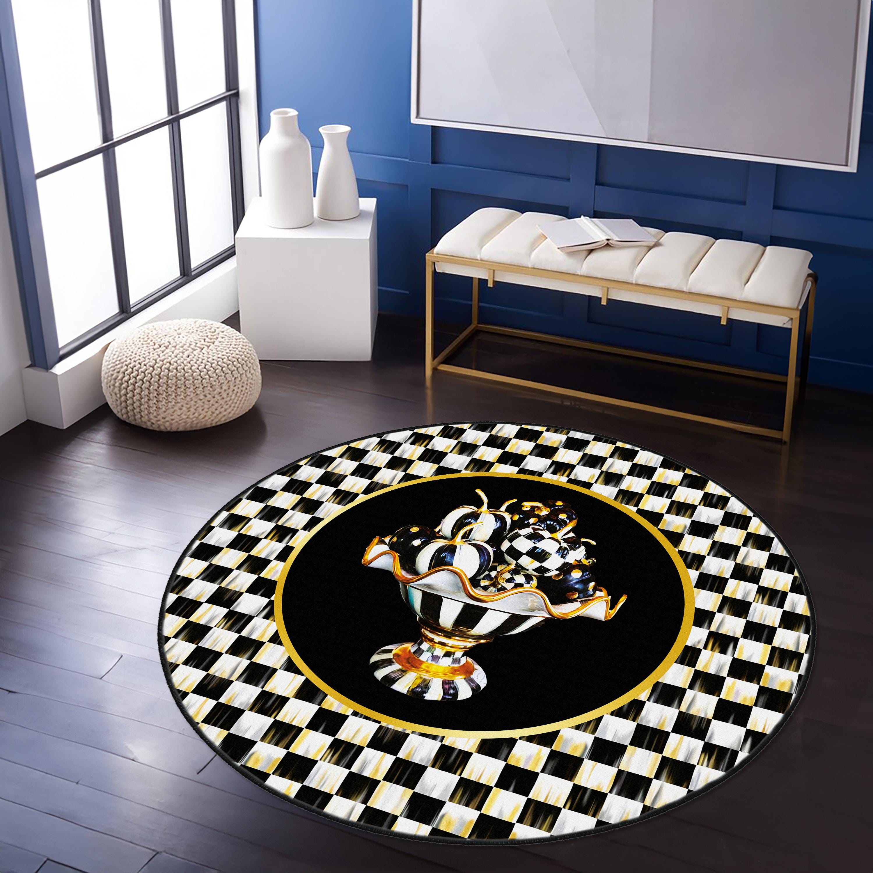Checkered Rug, Black Border on Check Pattern Area Rug, Black and White ...