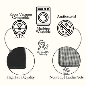 May include: An image with icons and text describing a product's features. The text includes "Robot Vacuum Compatible", "Machine Washable", "Antibacterial", "Kid And Pet Friendly", "High Print Quality", and "Non-Slip | Leather Sole".