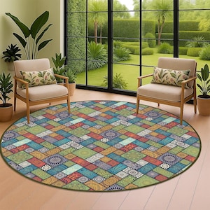 Ethnic Mandala Pattern Carpet, Patchwork Pattern Circle Rug, Mandala Pattern Rug, Floral Mandala Rug, Mandala Round Rug, Colorful Boho Rug