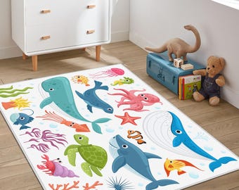 Sea Kids Carpet, Soft Nursery Rug, Whale Patterned Rug, Cute Submarine Rug, Soft Kids Play Mat, Custom Gift Kids Rug, Sea World Nursery Rug