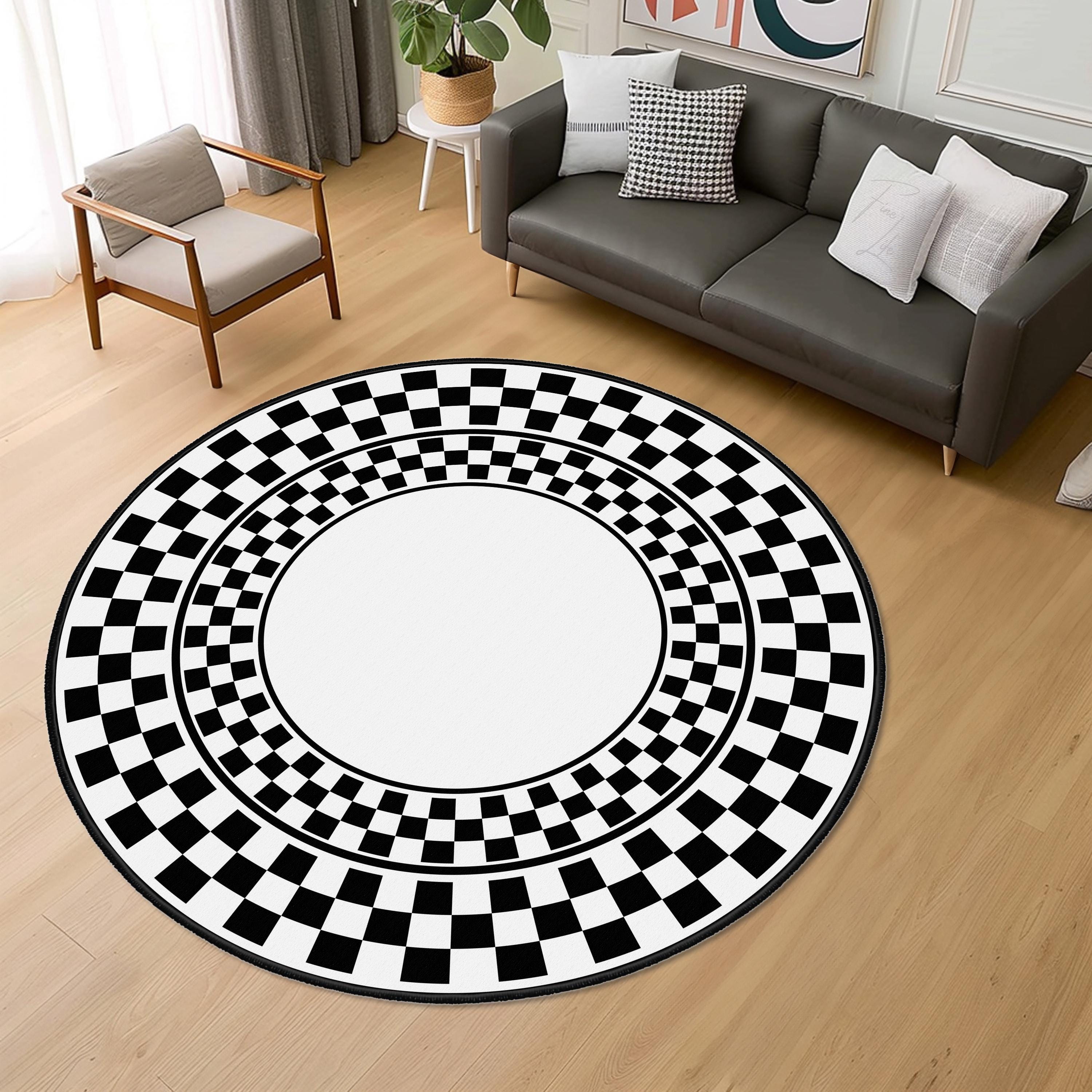 Checkered Rug, Black Border on Check Pattern Area Rug, Black and White ...