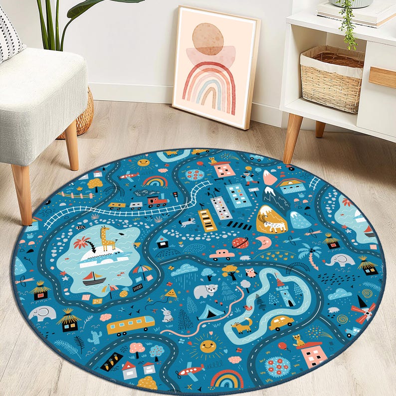 City Road Kids Playroom Mat, Car Road Desing Nursery Rug, Traffic Car ...