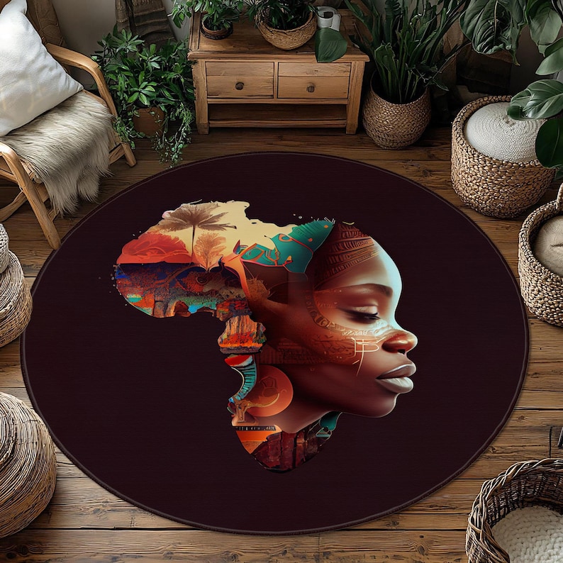 African Woman Art Round Rug, Colorful Ethnic Style Carpet, African ...