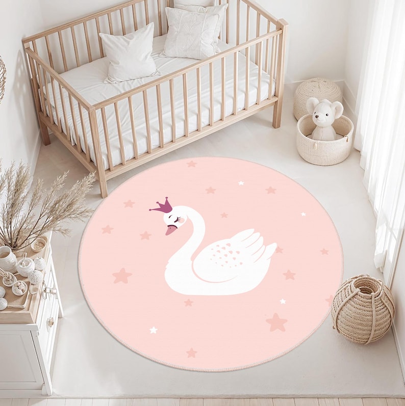 White Swan Pattern Girl's Room Carpet, Pink Swan Rug, Swan Kids Carpet ...