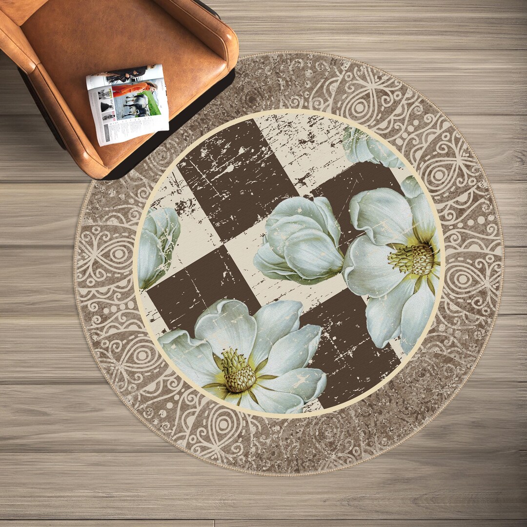 Vintage Floral Round Rug With Elegant White Magnolia Flowers and ...