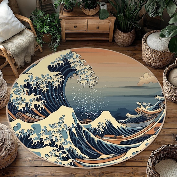 Ocean Pattern Carpet, Traditional Japanese Art Wave Round Rug