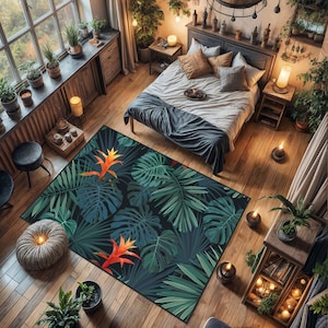 Green Area Rug,Tropical Area Rug,Exotic Runner,Palm Leaf Non Slip Carpet,Herbs Paradise Floor Art,Machine Washable Carpet,Green Fringed Mats