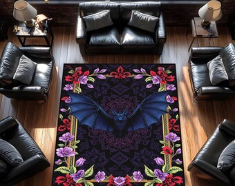 Goth Rug For Gothic Home Decor, Maximalist Rug, Gothic Bat Rug, Washable Bedroom Rug For Eclectic Home Decor, Goth Gift, Purple Floral Rug