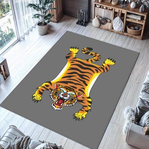 Tiger Rug, Tiger Pattern Rug, Gray Background  Tiger Leopard Rug, Rustic Wild Animal Carpet, Unique Rug, Tiger Carpet, Ethnical Plant Rug