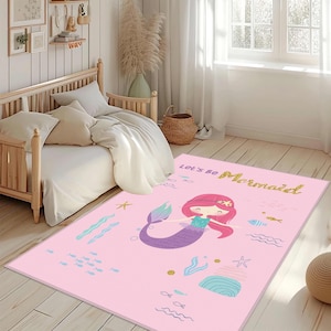 Meerjungfrau Kinderzimmer Teppich, Kinderteppich, Meerjungfrau Teppich, Spielzimmer Teppich, Niedliche Meerjungfrau Teppich für Kinderzimmer, Rutschfester Teppich für Mädchen