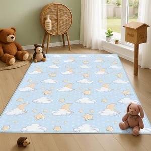 Starry Patterned Kids Rug, KidsRoom Rug, Cute Cloudy Patterned Kids Rug, Blue Cloud Moon Patterned Baby Rug, Cute Starry Nursery Floor Mat
