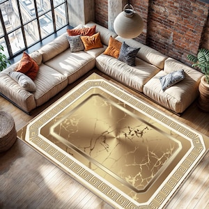 Gold Carpet, Gold Area Rug, Gold Marble Pattern Carpet, Gold colored rug, Gold Greek patterned rug, Luxury rug models, Gold living room rug