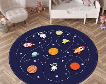 Space Adventure Kids Rug, Fun Astronaut Rocket Planet Nursery Rug, Round Play Mat for Children’s Bedroom, Outer Space Themed Playroom Decor