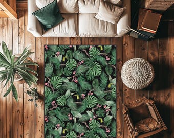Green Palm Tree Area Rug,Exotic Tropical Rug,Tropical Area Rug,Floral Parrot Rug,Palm Leaf Area Rug,Floral Area Rug,Tropical Tranquility Rug