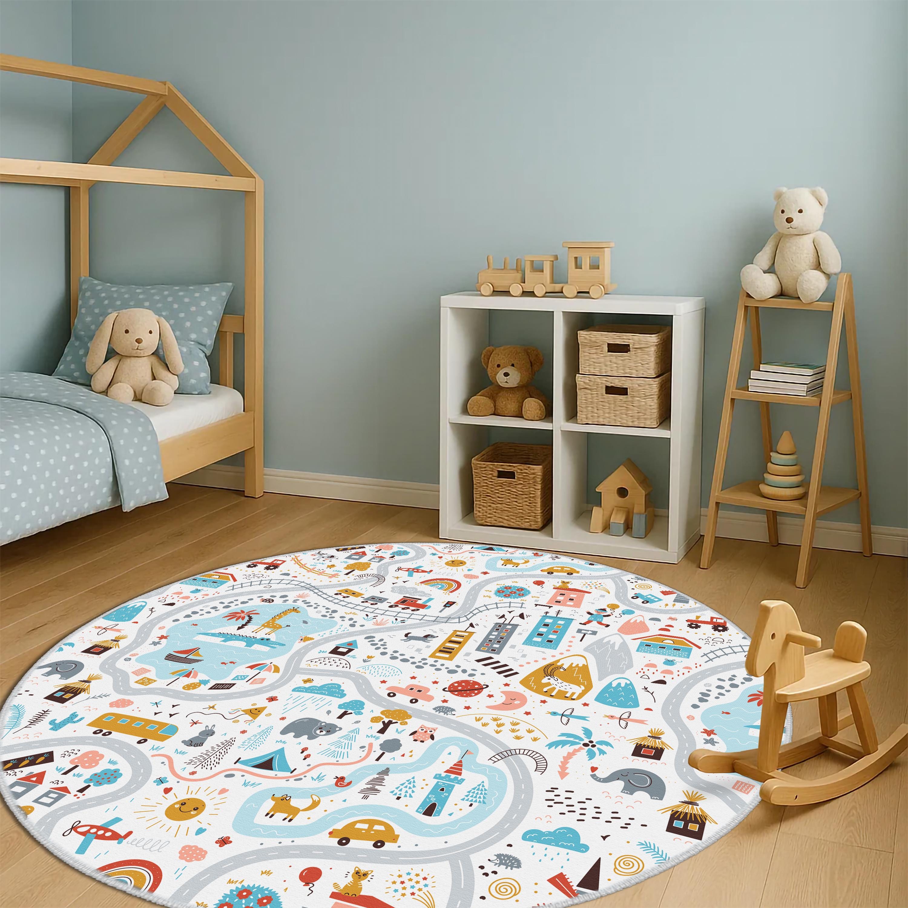 Tappeto Per Bambini Carpet City Bueno Rotondo 120 Cm - Grigio Con Stelle Lucenti, Morbido E Facile Da Pulire, Per Cameretta