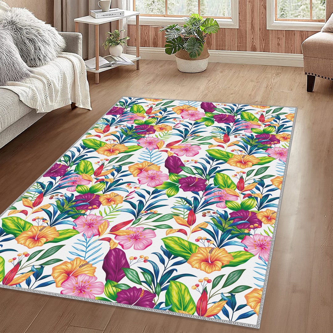 Rainbow Floral Rug, Floral Carpet, Rose Pattern Rug, Leafy Rug, Living ...